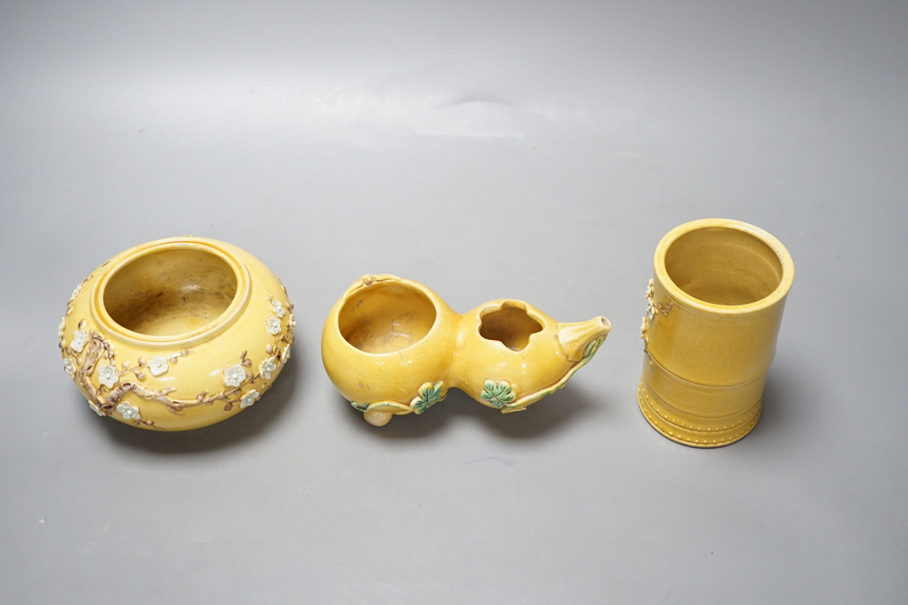 A Chinese yellow coloured biscuit porcelain three piece scholar's set, Republic period, brushpot 10 cm high